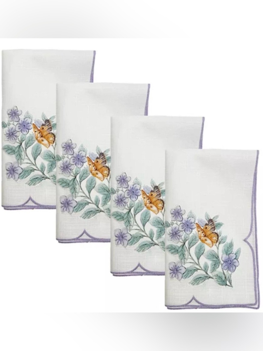 Lenox White Linen Napkins with Lavender Floral and Gold Butterfly Embroidery